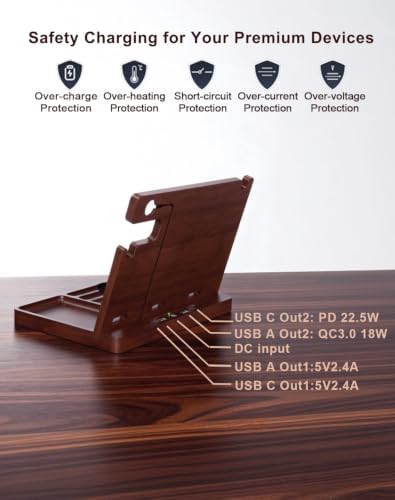 Wood Phone Docking Station with 4 USB 22.5W PD & QC3.0 Fast Charger,Nightstand Organizer for Men, Dual Phone Charging Station for iPhone Samsung Google Android,Anniversary Birthday Gifts for Men Him - Image 5