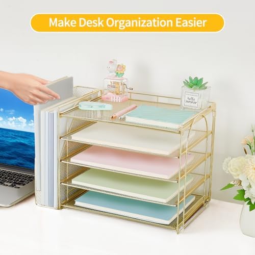 AUPSEN Gold Desk Organizers and Accessories, 5-Tier Desktop Paper File Organizer with Removable File Holder, Desk Accessories & Workspace Organization for Home Office Supplies (Gold) - Image 5