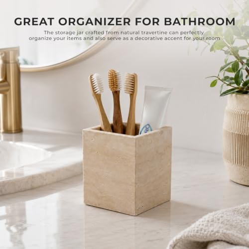 Koville Travertine Toothbrush Holder, Natural Marble Stone Makeup Brush Holder, Rectangular Pencil Cup Office Countertop Organizer Utensil Container Vanity Bathroom Kitchen Sink(Beige) - Image 4