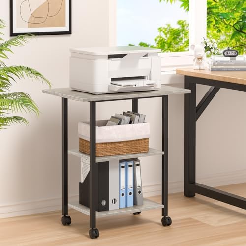 Lerliuo 3-Tier Printer Stand, Industrial Mobile Printer Table with Storage Shelf and Steel Frame, Rolling Printer Cart Holder with Lockable Wheels for Home, Office (Oak) - Image 5