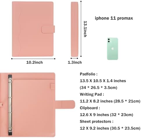 Wonderpool A4 PU Leather Ring Holder Writing Portfolio Multi Document Case with Removable Binder Clipboard and Functional Pocket for Organizer Office Travel School (Pink) - Image 5