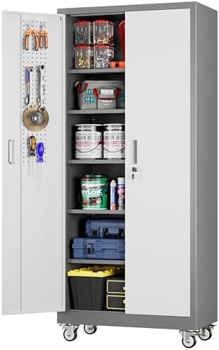 Aobabo Upgraded Garage Storage Cabinets with Wheels,Metal Storage Cabinets with 5 Adjustable Shelves for Garage Home Office Storage, Grey&White,71''H*32''W*16''D,Assembly Required by Aobabo