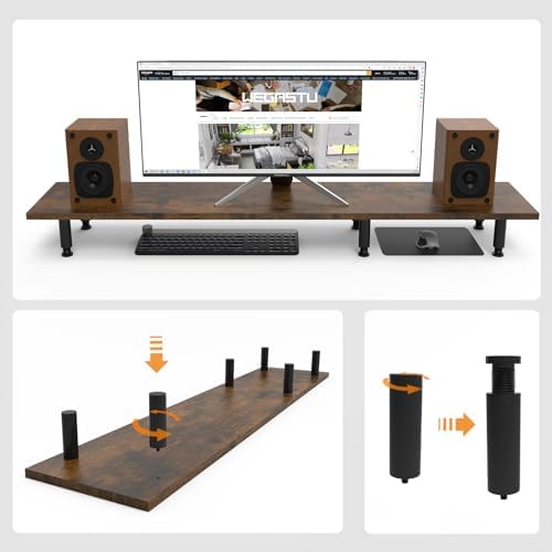 Large Dual Monitor Stand Riser 43.3IN，Vintage Home Office Storage For Desk Accessories，Solid Wod Desk With Adjustable Legs For computer/PC/Laptop/Printer/Container/dressing table - Image 4