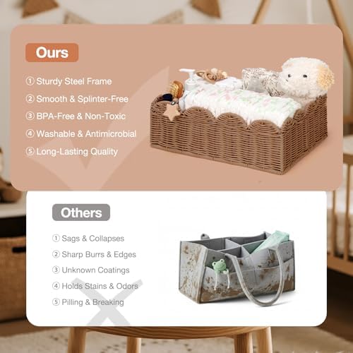 Wicker Diaper Caddy Organizer, Nursery Storage Basket for Diapers and Baby Wipes, Baby Essentials Organizer for Changing Table, Splinter Free Rattan Style (Tea Brown, L) - Image 4