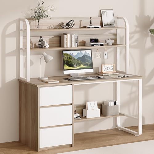 MaverickFurni 55 Inch Computer Desk with Hutch and 3 Drawers, Natural Oak - Image 3