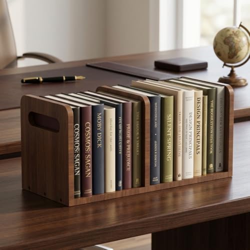 100% Solid Wood Adjustable Desktop Bookshelf With Movable Divider, Retro Tabletop Bookshelf With Convenient Handle Design for Living Room, Home, Office, Perfect for Magazines, Books, Files (Brown) - Image 4