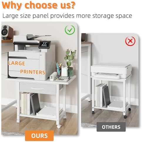 YAOHUOO 22"x15" Large Printer Stand with Drawer, 2-Tier Rolling Table Cart - Image 3