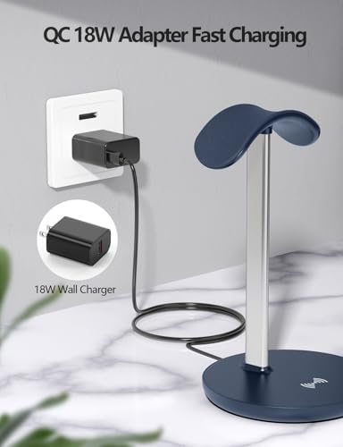 Miroddi Headphone Stand with Wireless Charger, Independent USB Charging Port, 5 in 1 Charging Station Headset Holder Rack for iWatch, iPhone, Samsung and Desk All Headphones, Dark Blue - Image 7