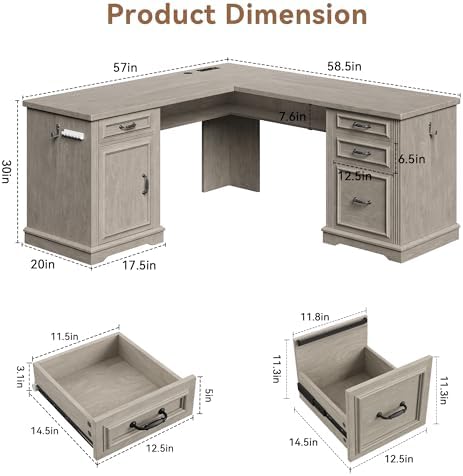 Jocoevol Farmhouse L Shaped Executive Desk with 4 Drawers and Charging Station, Wood Corner Home Office Computer Desk with File Cabinet Storage, Hidden Under Desk Storage Shelf, Headphone Hook - Grey - Image 2