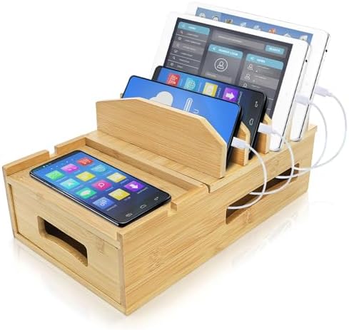 ZOOFOX Bamboo Charging Station for Multiple Devices, Desk Docking Station with Removable Divider Slots and Drawer, Bedside Charging Station Compatible with Smartphone, Tablet, Laptop, Earphone by zoofox