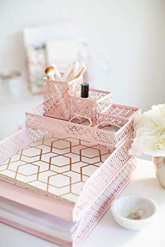 BLU MONACO | Pink Desk Organizer Set for Women 6 Piece | Mail Sorter Organizer Countertop with Letter Trays | Standing File Organizer with Mesh Pen Holders - Image 4