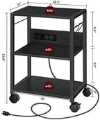 MAHANCRIS Industrial Printer Cart, 3-Tier Mobile Printer Stand, Rolling Cart with Power Outlets and USB Ports, Home Printer Stand with 2 Hooks, for Office, Living Room, Black PTHB40E01 - Image 5