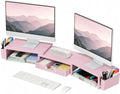 OPNICE Desk Organizers and Accessories, Dual Monitor Stand Riser with Drawer and 2 Pen Holders, Desk Shelf Printer Stand for Office Workspace Organizers, Desktop Organization (Pink) by OPNICE