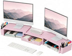 OPNICE Desk Organizers and Accessories, Dual Monitor Stand Riser with Drawer and 2 Pen Holders, Desk Shelf Printer Stand for Office Workspace Organizers, Desktop Organization (Pink) by OPNICE