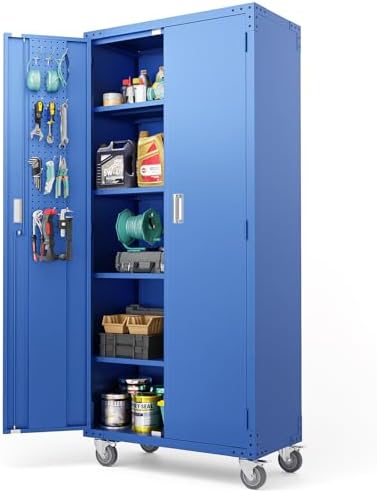 VINGLI 72'' Tall Metal Garage Storage Cabinet with Pegboards, Wheels, Locking Doors and Adjustable Shelves, File Cabinet/Tool Cabinet for Home Office/School (Blue, 32W x 16D x 72H) by VINGLI