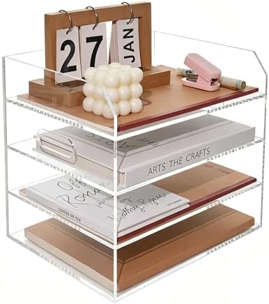 Paper Tray Organizer for Desk, 4 Tier Acrylic Desk Organizers and Accessories, One-Piece Integrated A4 Paper Organizer with Handles, Crystal-Clear Letter Tray & Office File Holder, Books Notes by AIMOLLYACRYLICSTORAGE