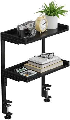 Clamp On Desk Shelf 2-Tier, 12.6 inche Wood Shelving Unit for Office Desk/Gaming Accessories, Tabletop Book Storage Rack, Shelf for Top & Under of Desk, Black by ART-GIFTREE