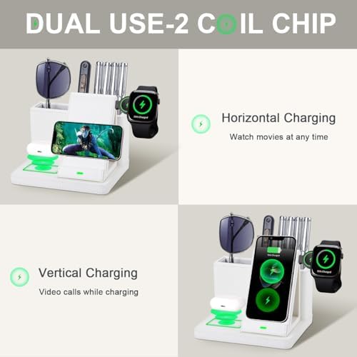 LADSTAG Leather Desk accessories Pen Holder with 3-in-1 Wireless Charger for Phone, Earbuds, Watch Multifunctional Desktop Phone Stand for Office and Home,birthday gifts,gifts for him (white) - Image 5