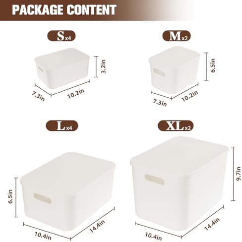 ANMINY White Plastic Storage Bins Baskets with Lids, 12-Pack, 2XL+4L+2M+4S - Image 6