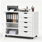 5-Drawer Wood Drawer Cabinet, Office Storage Cabinet with Adjustable Shelf & Wheels, Printer Stand for Home Office, White, 15.7" D x 30.7" W x 25.4" H - Image 4