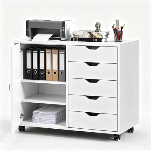 5-Drawer Wood Drawer Cabinet, Office Storage Cabinet with Adjustable Shelf & Wheels, Printer Stand for Home Office, White, 15.7" D x 30.7" W x 25.4" H - Image 4