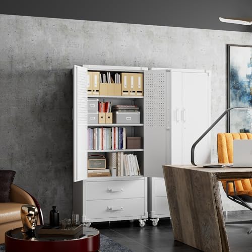 SUXXAN Rolling Storage Cabinet with 2 Doors and 2 Drawers, Heavy Duty Metal Storage Cabinet with Shelves, Locking Steel Cabinet for Warehouse, Home, Office (White) - Image 2