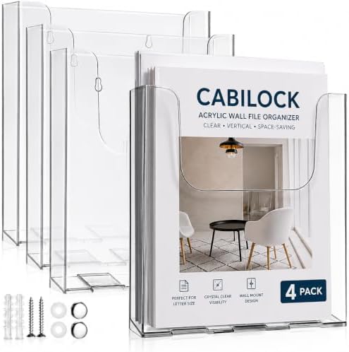 Cabilock 4 Pcs Acrylic Wall File Organizer Clear Vertical Paper Folder Holder Wall Mount Magazine Pocket Brochure Stand for Office Desk 9.8x8.8 In (4PCS) by cabilock