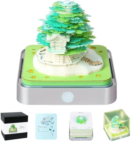 3D Memo Pad Time Piece Calendar 2027,3D Calendar Memo Pad DIY Notes Notepad Paper Carving Art Green Tree House,3D Desk Calendar 2027 With Lights by Easolay