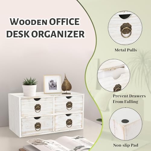 Wood Desk Organizer, White Wooden Desktop Organizer with Drawer, Tabletop Storage Organization Box for Countertop, Home Office Supplies Bills, 13.5x6.6x7.09 Inch(4 Drawer) - Image 5