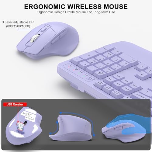 Wireless Keyboard and Mouse Combo, 2.4G Ergonomic Wave Keys(Purple) - Image 4
