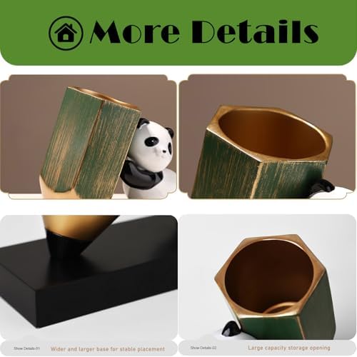 Panda Statue Pen Cup Holder for Girls - Charming Desk Organizer, Premium Resin Figurine, 7x2.8x5.9 Inches, Black and Gold - Image 3