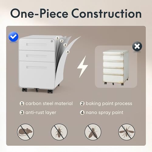 FLEXISPOT Mobile File Cabinet for Home Office 3 Drawer File Cabinet Under Desk Storage Filing Cabinet for Legal/Letter/A4 File,Round Corner Design,White - Image 7
