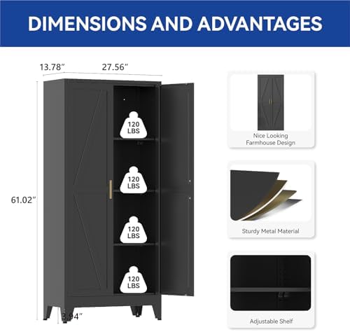 COFaR Metal Pantry Cabinet with Doors, Farmhouse 61'' Tall Storage Cabinet with 3 Adjustable Shelves, Kitchen Pantry Cabinet for Dinning Room, Garage, Laundry, Bathroom, Black 4-Tier - Image 2