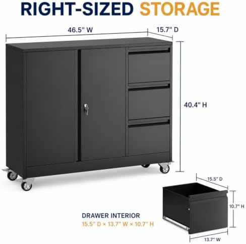 3 Drawer File Cabinet, Office Rolling Filing Cabinet, Printer Stand - Image 2