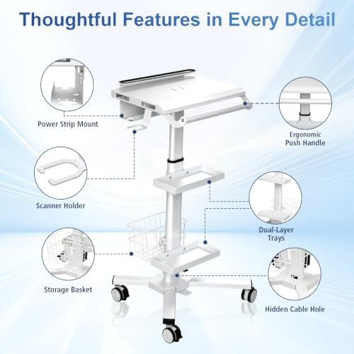 Anti-Theft Mobile Laptop Workstation, Height Adjustable Rolling Cart with Wheels (31.5" - 47.25"), Gas Lift Trolley with Oral Scanner Bracket, Dual Trays and Lab, for Dental Office, Clinic, Lab - Image 6
