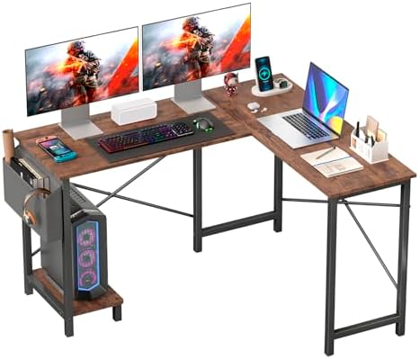 FDW 50 Inch L-Shaped Desk,Gaming Desk Computer Desk with Side Storage Bag & CPU Stand,Corner Desk for Home Office,Bedroom,Writing & Gaming,Brown by FDW