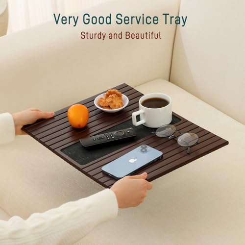 Bamboo Couch Arm Tray Table with Anti-Slip Cork Pad，Foldable Sofa Armrest Tray Table for Couch，Flexible Couch Arm Cup Holder，Portable Sofa Arm Chair Table for Drink, Snacks, Phone, Remote (Mahogany) - Image 5