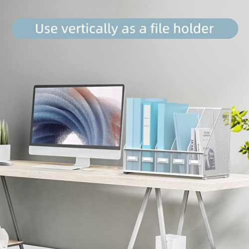 SUPEASY Desk Organizers Metal Desk Magazine File Holder with 5 Vertical Compartments Rack File Organizer for Office Desktop, Classroom, Home Workspace, White - Image 2