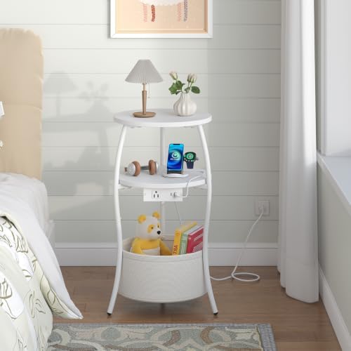 sthemc 3-Tier Small Round End Table Livingroom with Charging Station,Basket - Image 6