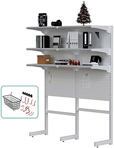 JWX Standing Pegboard Shelf Unit, White Gaming Home Office Garage Cabinets with Metal Pegboard and 15 Pieces Organizer Tool Holders by JWX