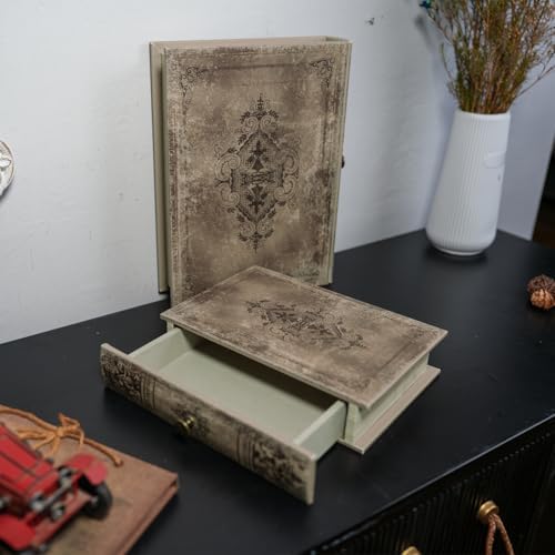 Vintage Book-Shaped Storage Box with Drawer, Distressed Vintage Brown Faux Leather Finish and Gothic Medallion Motif, Decorative Hidden Organizer for Home or Office 9.5″ x 6.7″ x 2″ - Image 6
