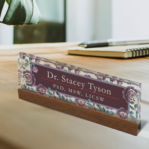 Artblox Personalized Office Desk Name Plate and Business Card Holder | Clear Acrylic Glass with Teak Wood Stand | Vintage Design Customized with Your Name and Credentials Office Desk Décor - Image 2