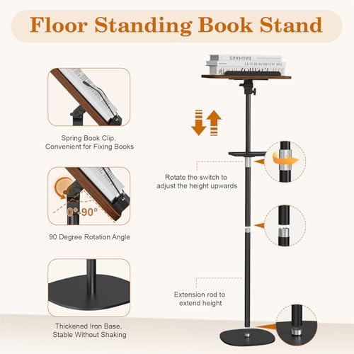Snughome Floor Book Stand with Removable Tray, Wood Standing Book Stand for Reading, Height Adjustment 21"-51", Music Stand Cookbook Stand Textbook Stand Laptop Stand Book Holder for Display - Image 6