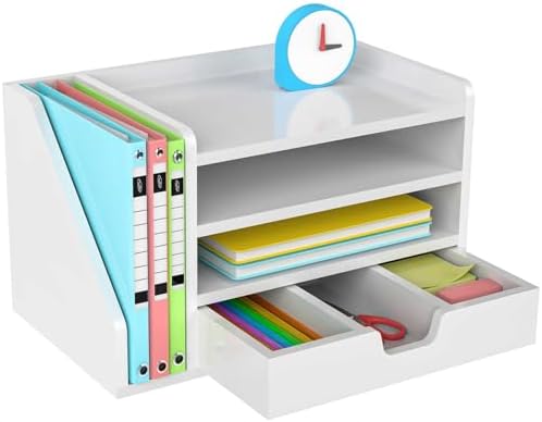 Multi-Tier Wood Desk File Organizer with Side File Rack, 3 Tray Shelves & Adjustable Drawer - Space-Efficient Design Easy to Assemble for Efficient Office Setup, Reduces Desk Clutter (White) by NiOffice