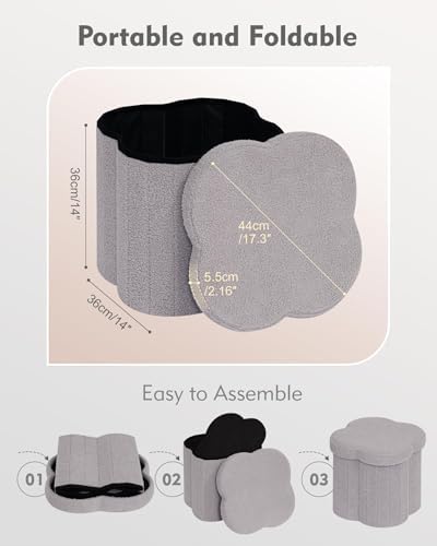 B FSOBEIIALEO Storage Ottoman Cube, 15" Flower Shaped Ottomans, Grey - Image 6