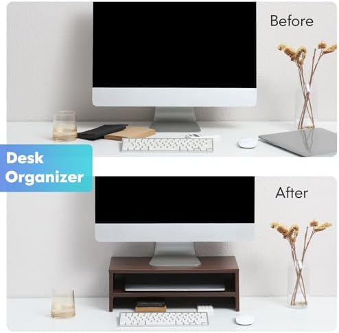 FITUEYES Wooden Monitor Stand Riser, 2-Tier Desk Storage Shelf, Brown - Image 4