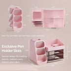 HBlife Desk Organizer with Pen Pencil Holder for Desk, Pen Organizer with 2 Drawers, Desk Organizers and Accessories with 4 Compartments, Desktop Storage for Office Home School Art Supplies, Pink - Image 5