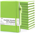 feela 12 Pack Notebooks Journals Bulk, Hardcover Notebook Classic Ruled Lined Journals with Pen Holder for Women Girls School Business Supplies, with 12 Black Pens, 120 GSM, 5.1”x8.3”, A5, Green by feela