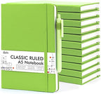 feela 12 Pack Notebooks Journals Bulk, Hardcover Notebook Classic Ruled Lined Journals with Pen Holder for Women Girls School Business Supplies, with 12 Black Pens, 120 GSM, 5.1”x8.3”, A5, Green by feela
