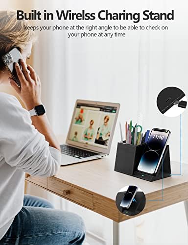 Desk Supplies Organizer, Multi-Functional Pencil Pen Holder with Wireless Charger, Desktop Stationery Organizer, Home Office Supply Storage Box Caddy (Black) - Image 3